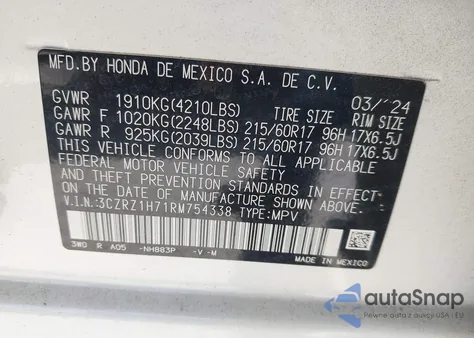 2024 Honda Hr-V 2Wd Ex-L/2Wd Ex-L W/O Bsi from USA, damaged, VIN 3CZRZ1H71RM754338